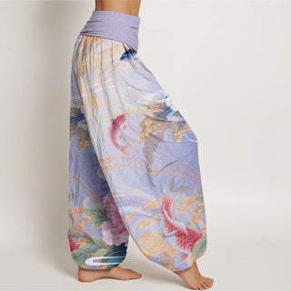 Buddha Gift Casual Peony Koi Fish Golden-Edged Leaves Pattern Women's Elastic Waist Harem Pants