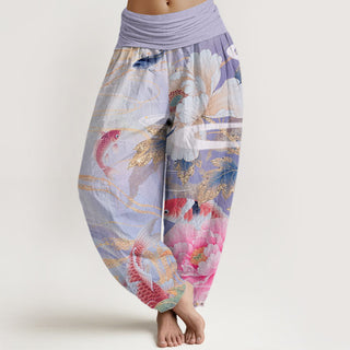 Buddha Gift Casual Peony Koi Fish Golden-Edged Leaves Pattern Women's Elastic Waist Harem Pants
