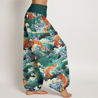 Buddha Gift Casual Koi Fish Ocean Waves Pattern Women's Elastic Waist Harem Pants