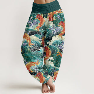 Buddha Gift Casual Koi Fish Ocean Waves Pattern Women's Elastic Waist Harem Pants