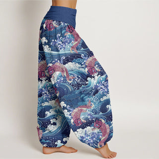 Buddha Gift Casual Koi Fish Ocean Waves Pattern Women's Elastic Waist Harem Pants
