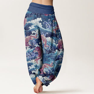 Buddha Gift Casual Koi Fish Ocean Waves Pattern Women's Elastic Waist Harem Pants