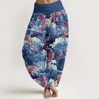Buddha Gift Casual Koi Fish Ocean Waves Pattern Women's Elastic Waist Harem Pants