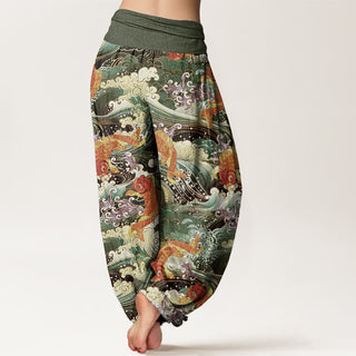 Buddha Gift Casual Koi Fish Ocean Waves Pattern Women's Elastic Waist Harem Pants
