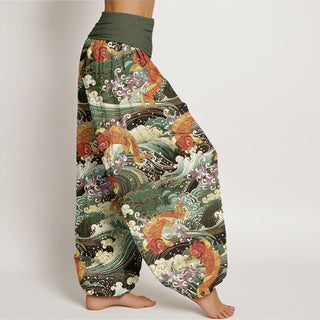 Buddha Gift Casual Koi Fish Ocean Waves Pattern Women's Elastic Waist Harem Pants