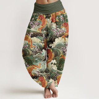 Buddha Gift Casual Koi Fish Ocean Waves Pattern Women's Elastic Waist Harem Pants