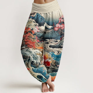 Buddha Gift Casual Blossoming Tree Koi Fish Wave Mountain Pattern Women's Elastic Waist Harem Pants