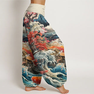 Buddha Gift Casual Blossoming Tree Koi Fish Wave Mountain Pattern Women's Elastic Waist Harem Pants