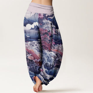 Buddha Gift Casual Blossoming Tree Koi Fish Wave Mountain Pattern Women's Elastic Waist Harem Pants
