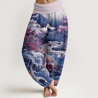 Buddha Gift Casual Blossoming Tree Koi Fish Wave Mountain Pattern Women's Elastic Waist Harem Pants