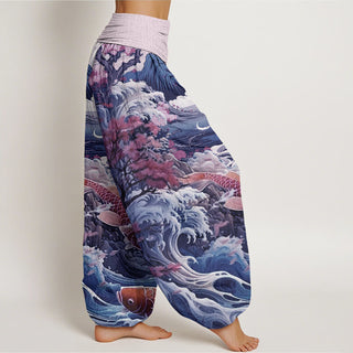Buddha Gift Casual Blossoming Tree Koi Fish Wave Mountain Pattern Women's Elastic Waist Harem Pants