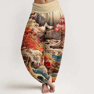 Buddha Gift Casual Blossoming Tree Koi Fish Wave Mountain Pattern Women's Elastic Waist Harem Pants