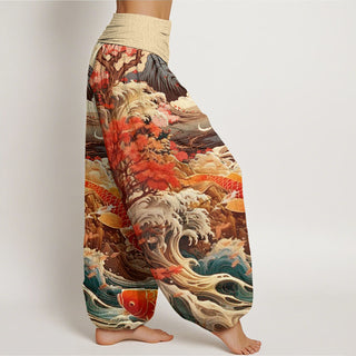 Buddha Gift Casual Blossoming Tree Koi Fish Wave Mountain Pattern Women's Elastic Waist Harem Pants