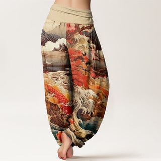 Buddha Gift Casual Blossoming Tree Koi Fish Wave Mountain Pattern Women's Elastic Waist Harem Pants