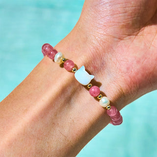 Buddha Gift Strawberry Quartz Pearl Cat Rabbit Healing Bracelet