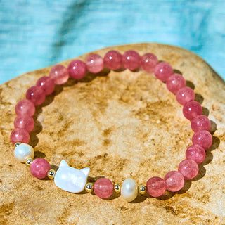 Buddha Gift Strawberry Quartz Pearl Cat Rabbit Healing Bracelet