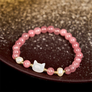 Buddha Gift Strawberry Quartz Pearl Cat Rabbit Healing Bracelet