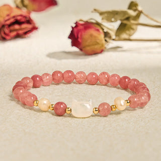 Buddha Gift Strawberry Quartz Pearl Cat Rabbit Healing Bracelet