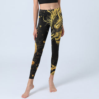Buddha Gift Golden Dragon Pattern Print Gym Leggings Women's Yoga Pants
