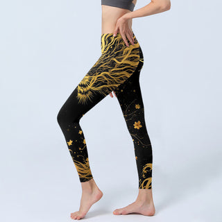 Buddha Gift Golden Dragon Pattern Print Gym Leggings Women's Yoga Pants