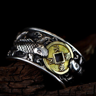 Buddha Gift Adjustable Opening 925 Sterling Silver Lucky Koi Fish Copper Coin Auspicious Clouds Wealth Ring