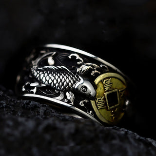 Buddha Gift Adjustable Opening 925 Sterling Silver Lucky Koi Fish Copper Coin Auspicious Clouds Wealth Ring