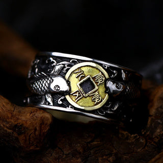 Buddha Gift Adjustable Opening 925 Sterling Silver Lucky Koi Fish Copper Coin Auspicious Clouds Wealth Ring
