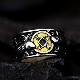 Buddha Gift Adjustable Opening 925 Sterling Silver Lucky Koi Fish Copper Coin Auspicious Clouds Wealth Ring