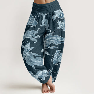 Buddha Gift Koi Fish Waves Pattern Design Women's Elastic Waist Harem Pants