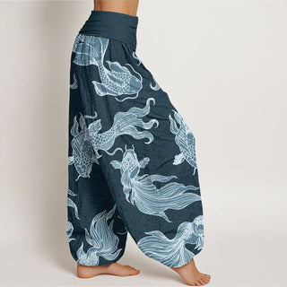 Buddha Gift Koi Fish Waves Pattern Design Women's Elastic Waist Harem Pants