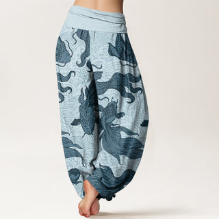 Buddha Gift Koi Fish Waves Pattern Design Women's Elastic Waist Harem Pants