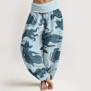 Buddha Gift Koi Fish Waves Pattern Design Women's Elastic Waist Harem Pants