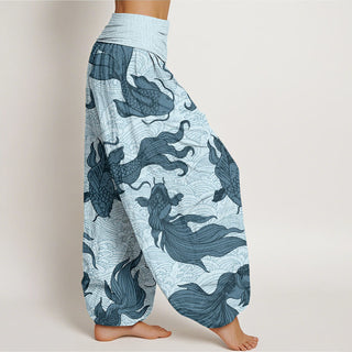 Buddha Gift Koi Fish Waves Pattern Design Women's Elastic Waist Harem Pants