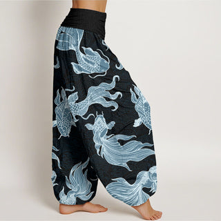 Buddha Gift Koi Fish Waves Pattern Design Women's Elastic Waist Harem Pants
