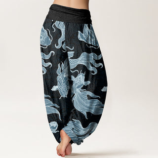 Buddha Gift Koi Fish Waves Pattern Design Women's Elastic Waist Harem Pants