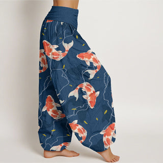 Buddha Gift Red White Koi Fish Pattern Design Women's Elastic Waist Harem Pants