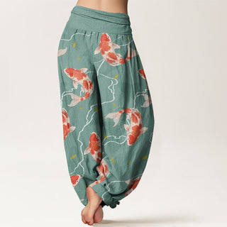 Buddha Gift Red White Koi Fish Pattern Design Women's Elastic Waist Harem Pants