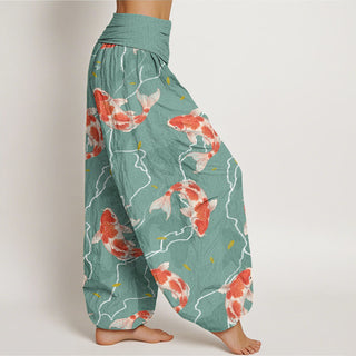 Buddha Gift Red White Koi Fish Pattern Design Women's Elastic Waist Harem Pants