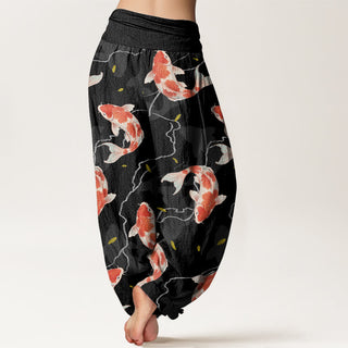 Buddha Gift Red White Koi Fish Pattern Design Women's Elastic Waist Harem Pants