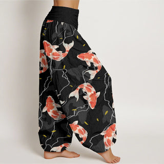 Buddha Gift Red White Koi Fish Pattern Design Women's Elastic Waist Harem Pants
