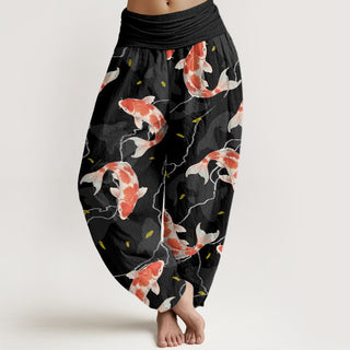 Buddha Gift Red White Koi Fish Pattern Design Women's Elastic Waist Harem Pants