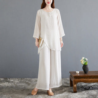 Buddha Gift 2Pcs Beige Chinese Frog-Button Design Long Sleeve Shirt Top Pants Meditation Zen Tai Chi Cotton Linen Clothing Women's Set