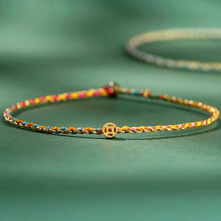 Buddha Gift Colorful Rope Luck Coin Bead Abundance Extra Thin Braided Bracelet