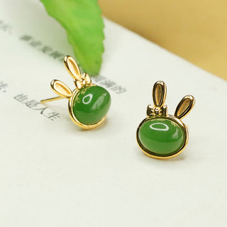 Buddha Gift 925 Sterling Silver Hetian Cyan Jade Cute Rabbit Luck Stud Earrings