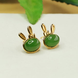 Buddha Gift 925 Sterling Silver Hetian Cyan Jade Cute Rabbit Luck Stud Earrings