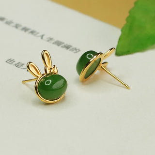 Buddha Gift 925 Sterling Silver Hetian Cyan Jade Cute Rabbit Luck Stud Earrings