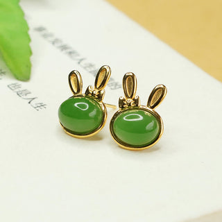 Buddha Gift 925 Sterling Silver Hetian Cyan Jade Cute Rabbit Luck Stud Earrings