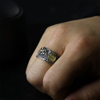 Buddha Gift 925 Sterling Silver PiXiu Copper Coin Brass Wealth Luck Adjustable Ring
