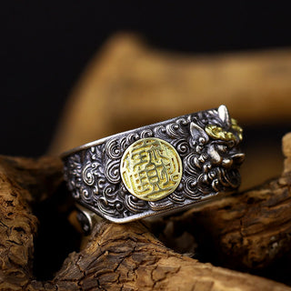 Buddha Gift 925 Sterling Silver PiXiu Copper Coin Brass Wealth Luck Adjustable Ring