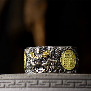 Buddha Gift 925 Sterling Silver PiXiu Copper Coin Brass Wealth Luck Adjustable Ring